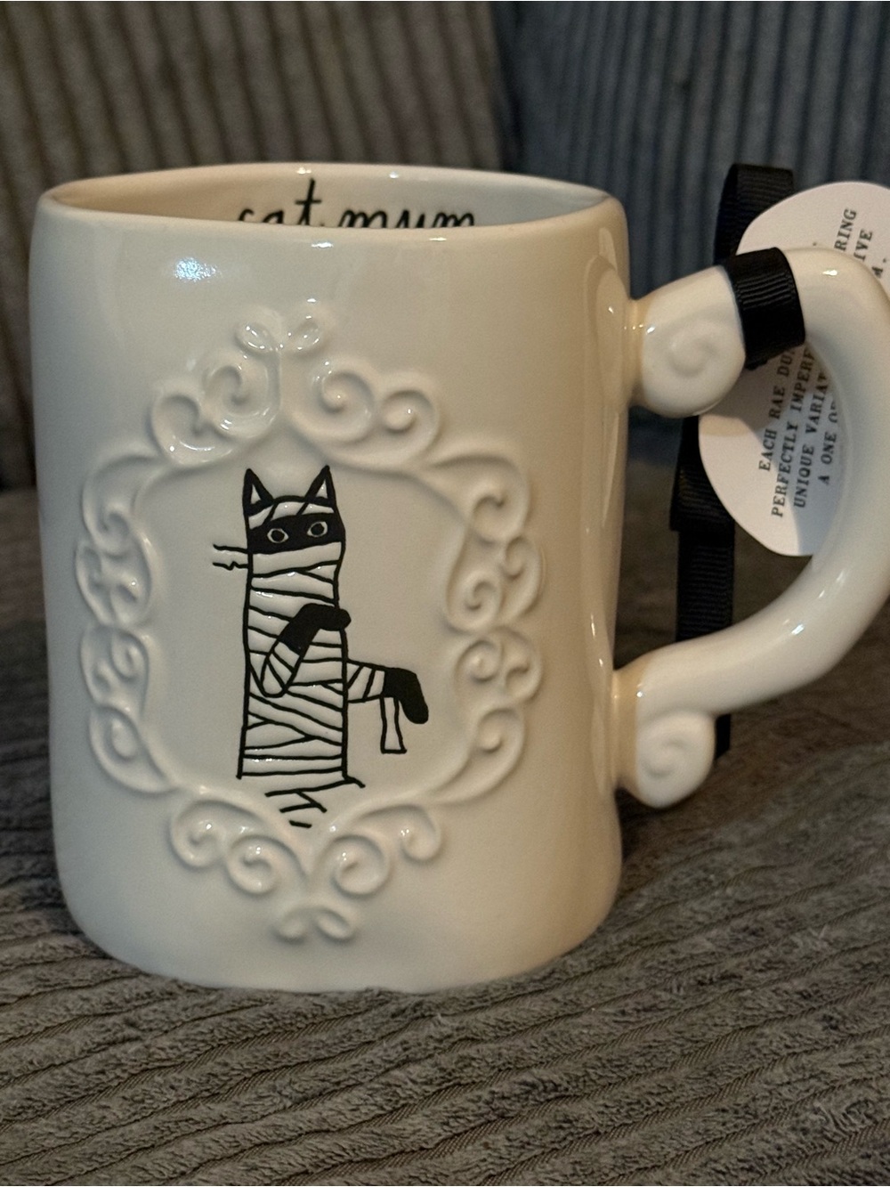 Rae Dunn ✨ White Ceramic Mug with Black Mummy Cat Design CAT MUM NWT